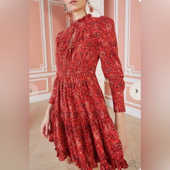 Ulla Johnson Mini Ruffle Liv Dress Size 2 Red Floral Pint Mini Dress Long Sleeve - Picture 1 of 14